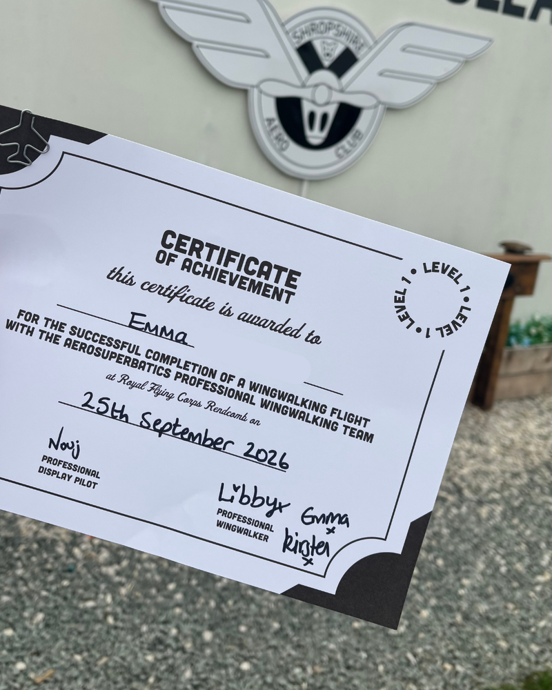 Certificate of achievement for Emma, for completion of a wing walk on 25th September 2026.