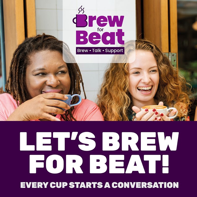 Two women laugh while holding coffees in their hands. The Brew for Beat logo is above their heads. Below is white text on a dark purple background reading 'Let's Brew for Beat! Every cup starts a conversation'.
