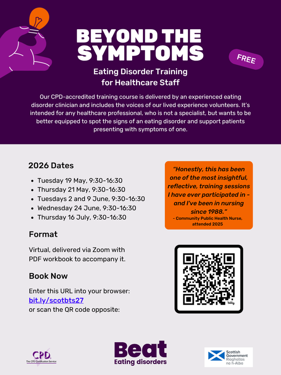Image of flyer promoting CPD eating disorder training free for healthcare staff in Scotland and delivered by Beat.