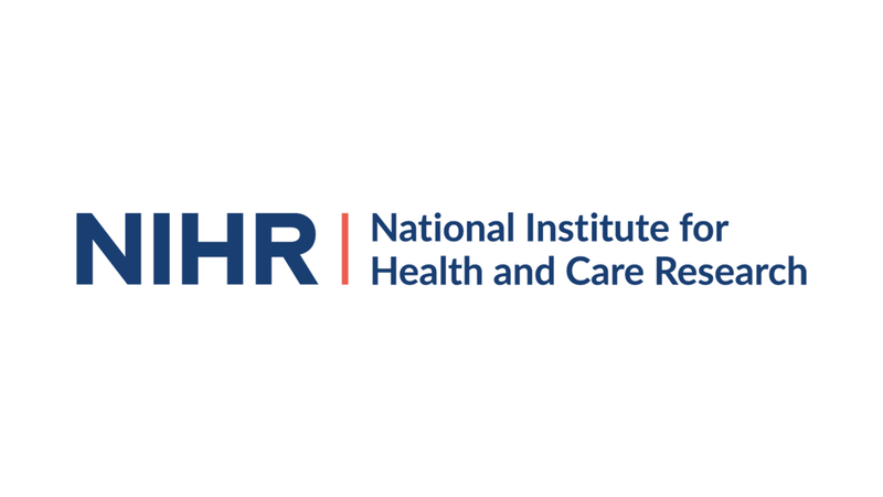Dark blue logo reading 'NIHR' on the left and National Institute for Health and Care Research on the right, in smaller text. These are bisected by an orange vertical line.