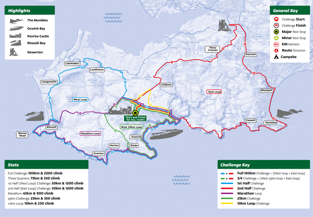 Map showing different distance routes