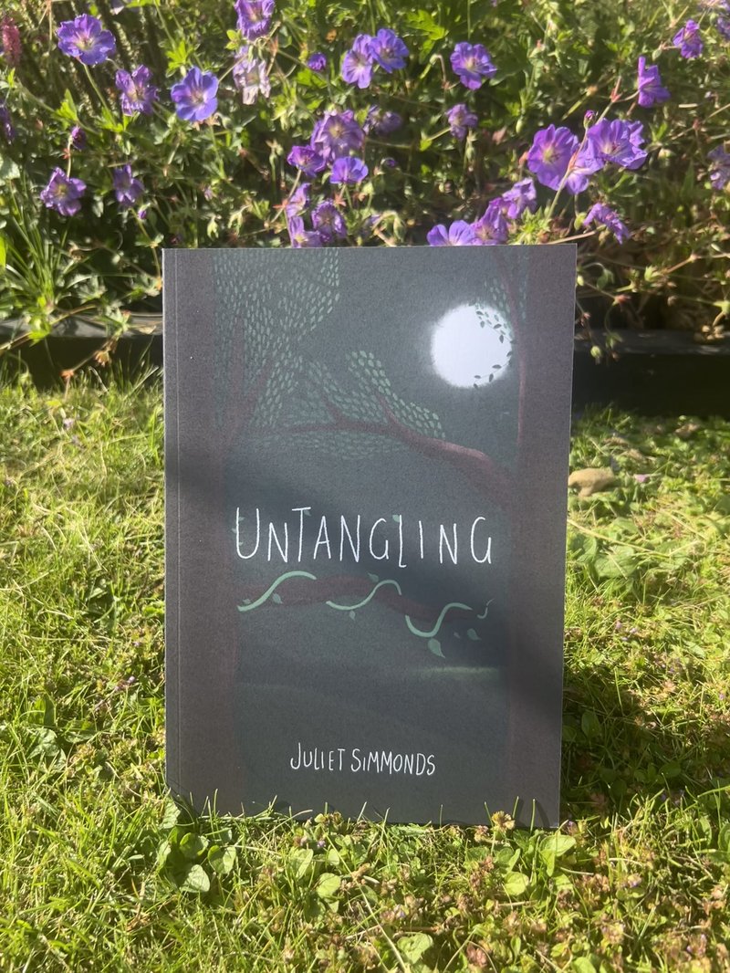 Photo of a book positioned on grass, with purple flowers blooming behind it. The book has an illustrated front cover, which shows a dark woodland, and a bright full moon shining over tree branches. The title reads 'Untangling'.