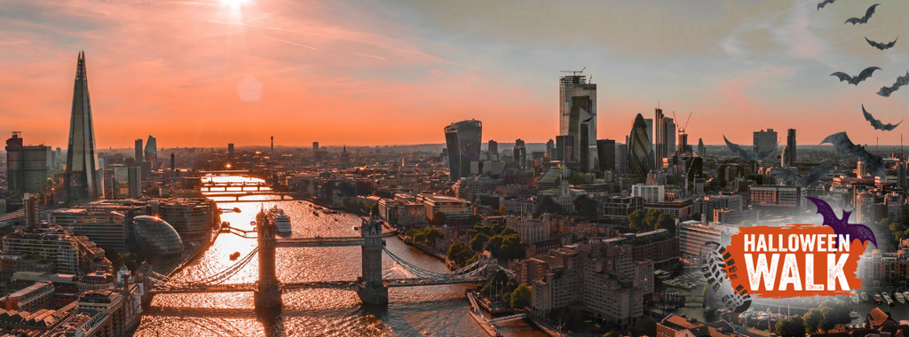 Image of London skyline at sunset, with bats flying overhead and the Halloween Walk Logo in the lower right corner.