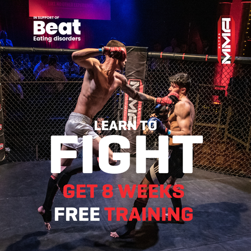 Two men in a ring with text that reads, 8 weeks free boxing training