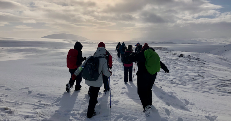 A group of people trekking across a snowy plain