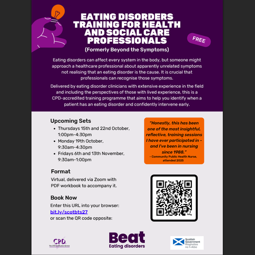 Image of flyer promoting CPD eating disorder training free for health and social care staff in Scotland and delivered by Beat.