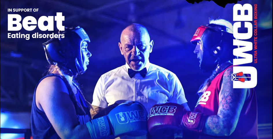 Two boxers facing each other, with a referee in the background. Beat's logo and UWCB logo overlaying