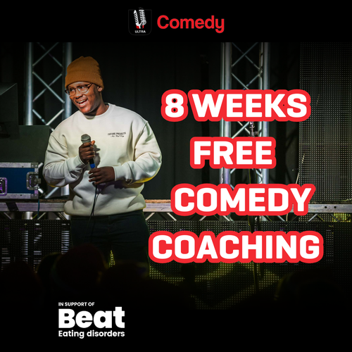 A man on a stage with a microphone, with text which reads: 8 weeks free comedy coaching